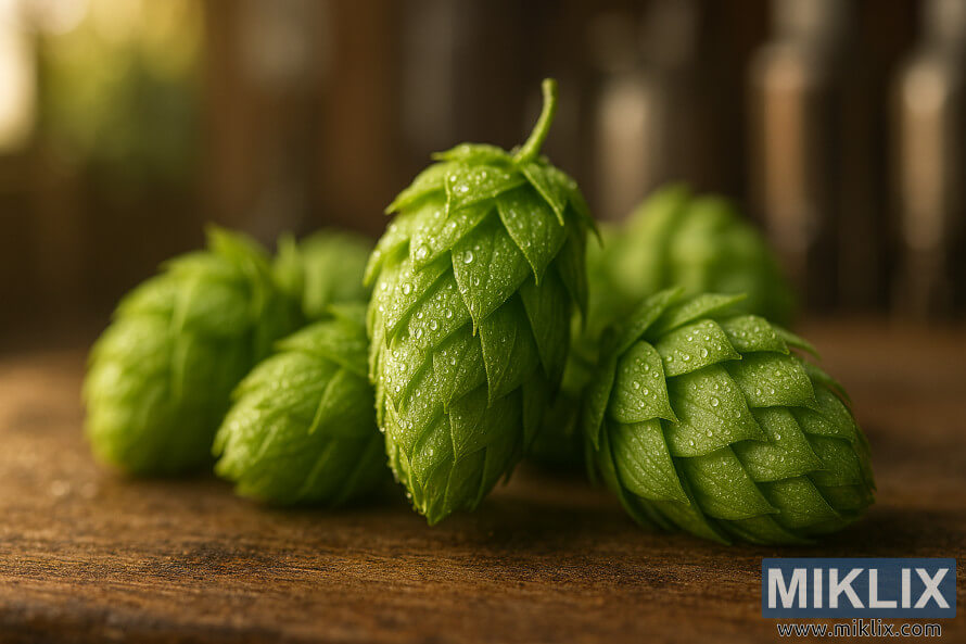 Close-up of fresh green Orbit hops with morning dew on a rustic wooden surface and blurred brewery background