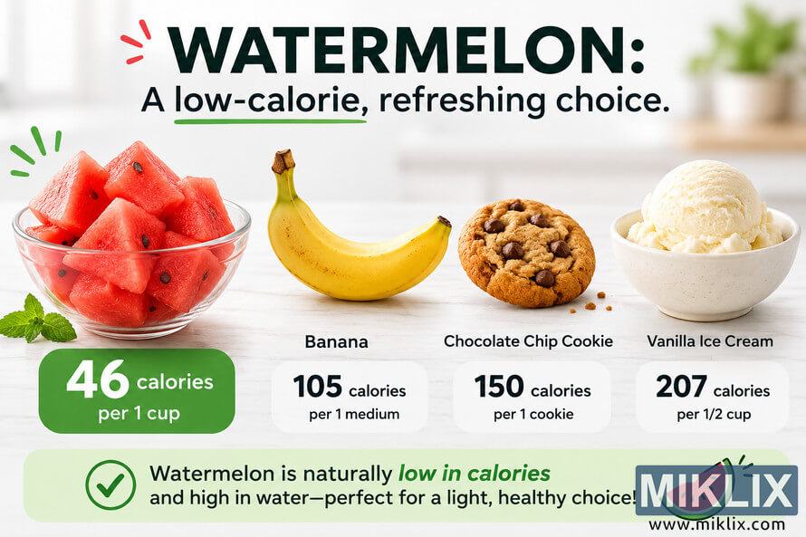 A bright, landscape-oriented infographic comparing the calorie content of watermelon with several common foods. A bowl of fresh watermelon is highlighted as containing 46 calories per cup, alongside a banana with 105 calories, a chocolate chip cookie with 150 calories, and vanilla ice cream with 207 calories per half cup. The clean white background, green accents, and simple layout emphasize watermelon as a refreshing, low-calorie option. A bright, landscape-oriented infographic comparing the calorie content of watermelon with several common foods. A bowl of fresh watermelon is highlighted as containing 46 calories per cup, alongside a banana with 105 calories, a chocolate chip cookie with 150 calories, and vanilla ice cream with 207 calories per half cup. The clean white background, green accents, and simple layout emphasize watermelon as a refreshing, low-calorie option.