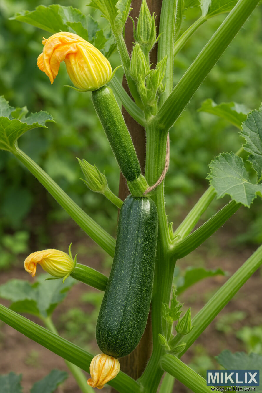 Bir destek Ã§ubuÄuyla desteklenen, Ã¼zerinde Ã§ok sayÄ±da meyve ve Ã§iÃ§ek bulunan kabak bitkisi.