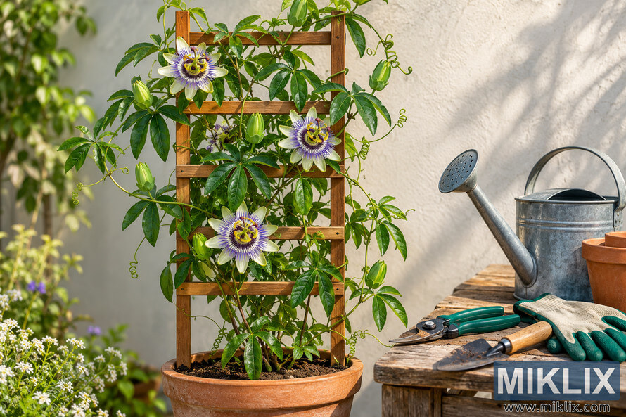 Sunlit passionflower vine climbing a small wooden trellis beside a rustic table with watering can, pruning shears, gloves, trowel and terracotta pots. Sunlit passionflower vine climbing a small wooden trellis beside a rustic table with watering can, pruning shears, gloves, trowel and terracotta pots.