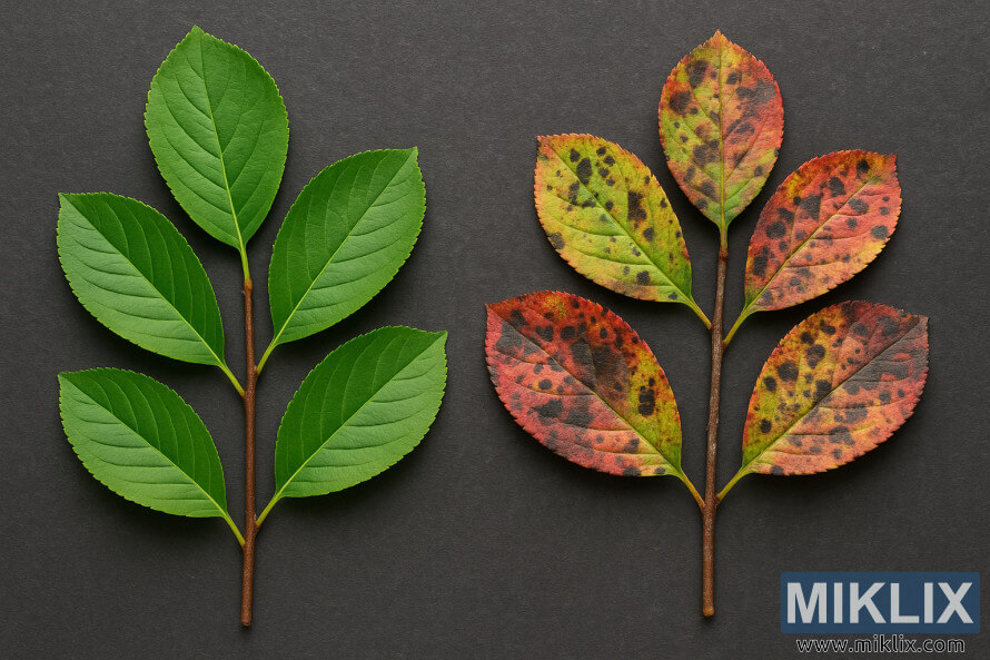 Side-by-side comparison of healthy green aronia leaves and diseased leaves with spots and discoloration on a dark background.