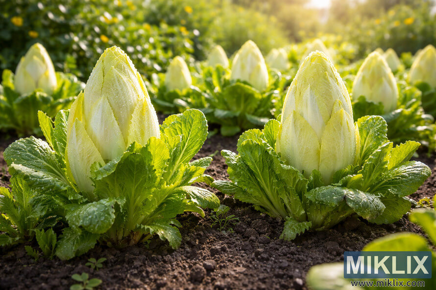 Belgian endive (witloof chicory) plants growing in dark soil in a sunlit vegetable garden, with pale conical heads and green outer leaves.