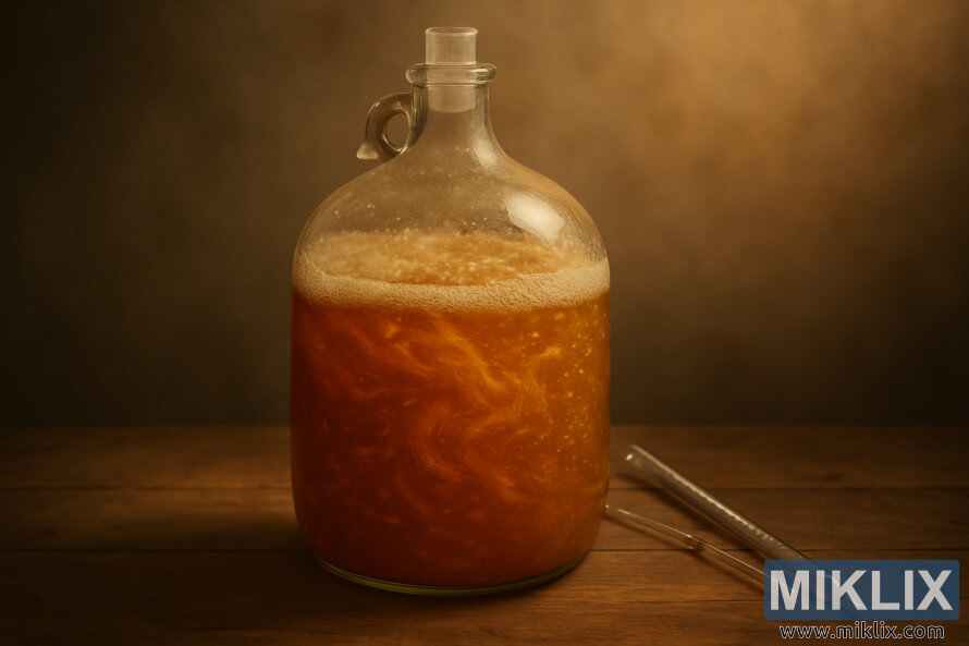 Carboy gilashi tare da ruwan amber mai kumfa yana nuna fermentation mai aiki tare da yisti.