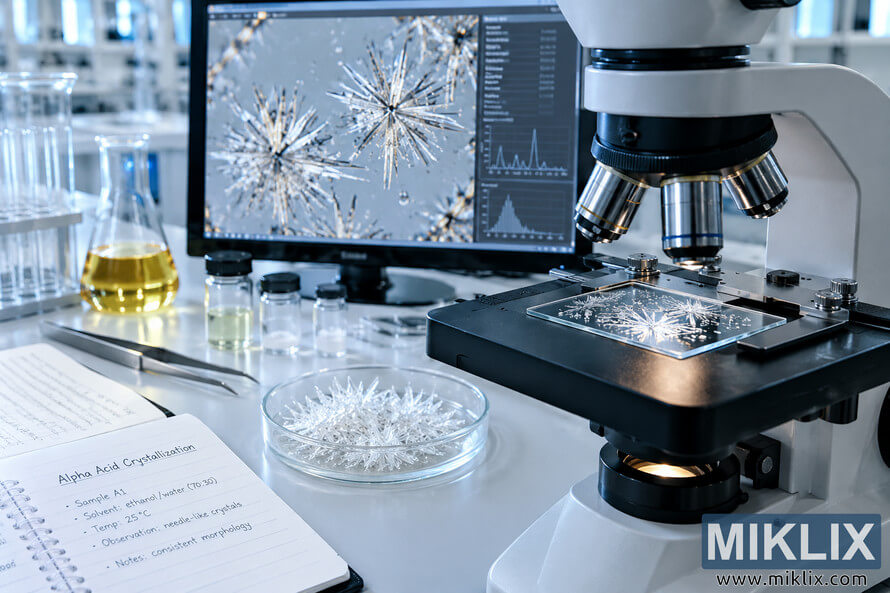 Laboratory microscope analyzing needle-like alpha acid crystal formations on a glass slide, with crystalline samples, scientific glassware, experiment notes, and magnified crystal imagery displayed on a monitor. Laboratory microscope analyzing needle-like alpha acid crystal formations on a glass slide, with crystalline samples, scientific glassware, experiment notes, and magnified crystal imagery displayed on a monitor.