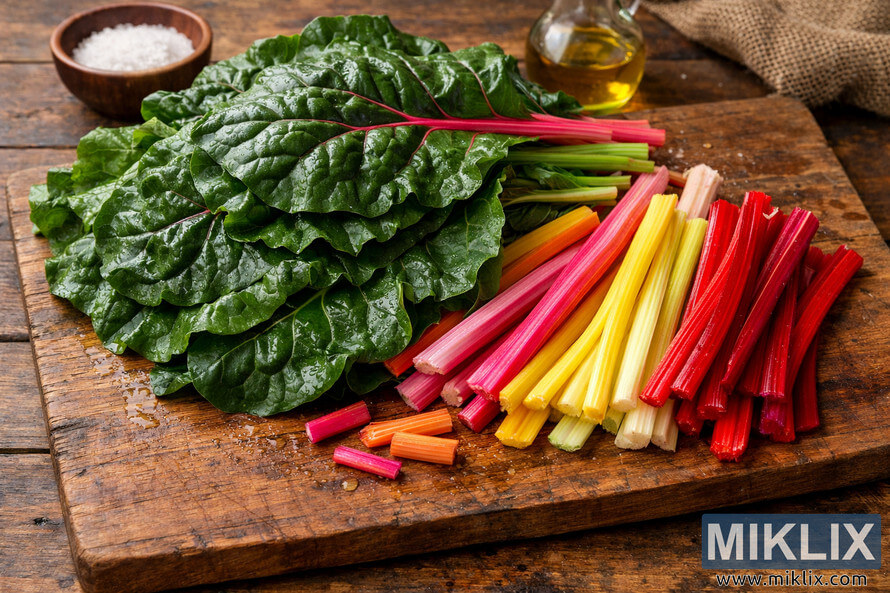Freshly harvested Swiss chard with deep green leaves and colorful stems arranged on a rustic wooden cutting board in natural light.