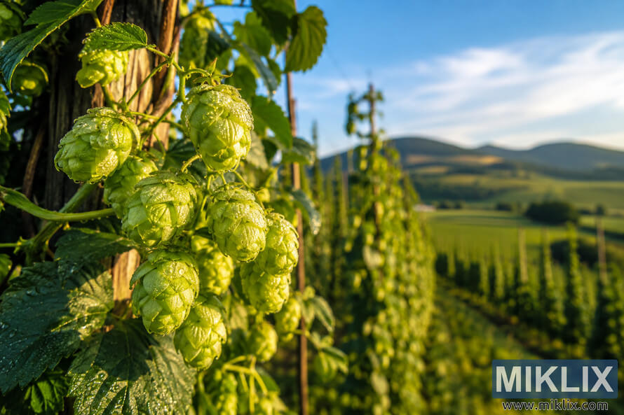Close-up of vibrant green Omega hops covered in dew on a rustic wooden trellis, with lush hop vines and a sunlit farm landscape in the background during golden hour. Close-up of vibrant green Omega hops covered in dew on a rustic wooden trellis, with lush hop vines and a sunlit farm landscape in the background during golden hour.