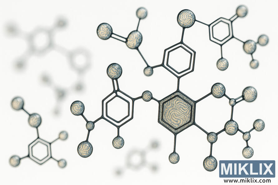 Makro krupni plan molekularnih struktura estera s heksagonalnim i sfernim oblicima na svijetloj pozadini. Makro krupni plan molekularnih struktura estera s heksagonalnim i sfernim oblicima na svijetloj pozadini.