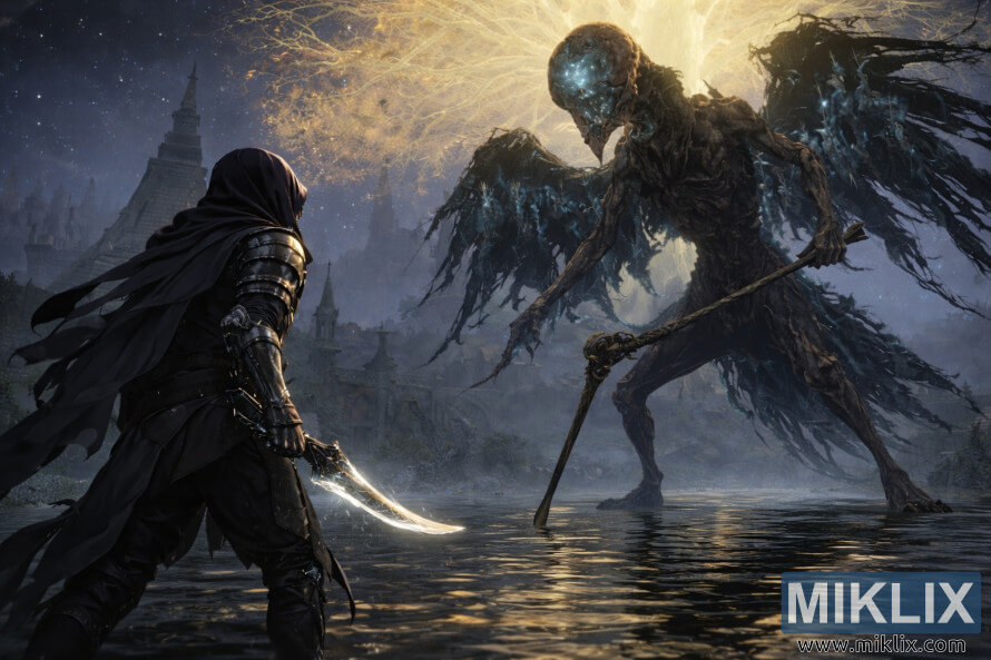 Anime stiliaus Elden Ring gerbÄjÅ³ pieÅ¡inys, kuriame Tarnishedas vaizduojamas iÅ¡ uÅ¾pakalio kairÄje, susiduriantis su didÅ¾iuliu Mirties apeigÅ³ paukÅ¡Äiu, mojuojanÄiu lazda uÅ¾tvindytame Akademijos vartÅ³ miestelyje po Erdtree.