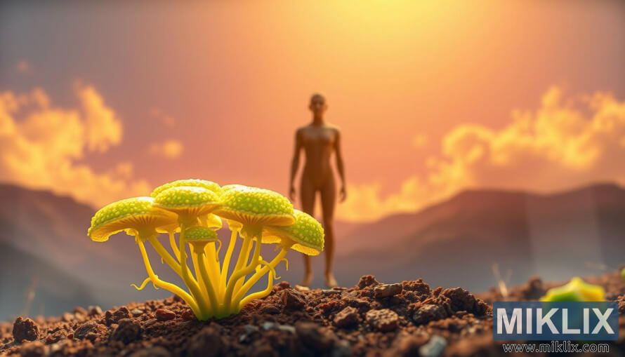 Ciuperci cordyceps strÄlucitoare cu o figurÄ seninÄ Ã®n luminÄ aurie, simbolizÃ¢nd sprijinul imunitar.