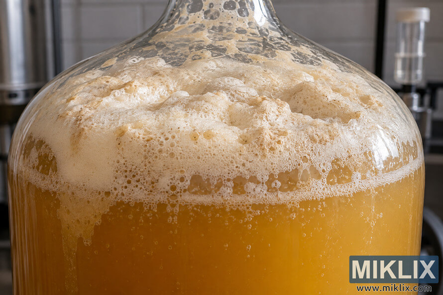Close-up landscape photo of cloudy golden hefeweizen actively fermenting in a clear glass vessel, with a thick cream-colored krausen cap, dense bubbles, foam residue on the glass, and softly blurred brewing equipment in the background. Close-up landscape photo of cloudy golden hefeweizen actively fermenting in a clear glass vessel, with a thick cream-colored krausen cap, dense bubbles, foam residue on the glass, and softly blurred brewing equipment in the background.