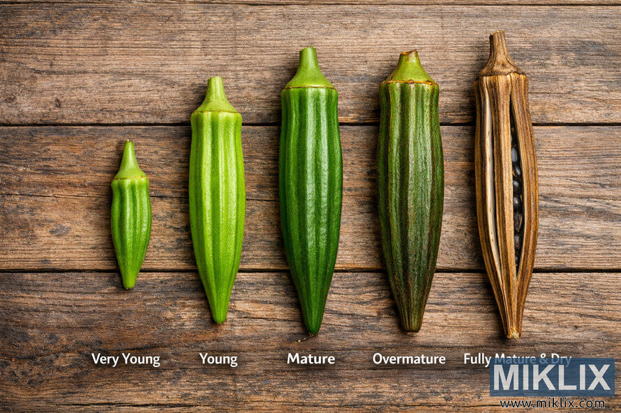 Five okra pods arranged from very young to fully mature and dry on a rustic wooden background showing size and color differences.