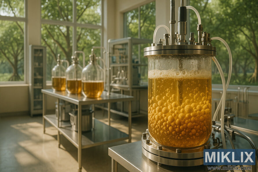 RozÅwietlone sÅoÅcem laboratorium z bioreaktorem i kwitnÄcymi koloniami droÅ¼dÅ¼y poÅrÃ³d ekologicznych namorzynÃ³w.