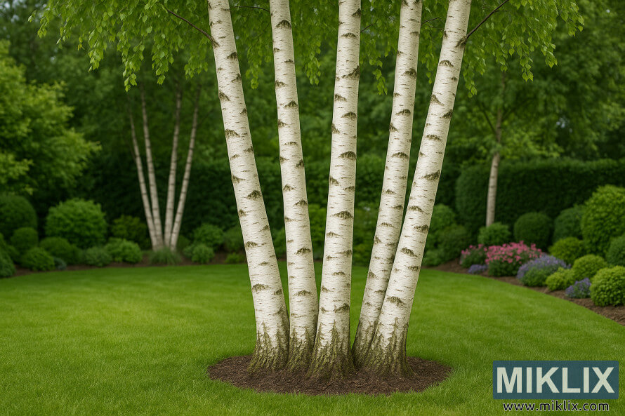 Grappe de bouleaux Ã  papier Ã  Ã©corce blanche et de feuilles vertes dans un jardin.