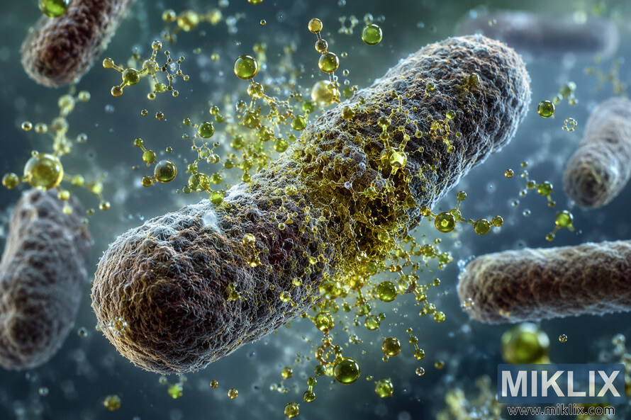 A hyper-realistic microscopic illustration showing rod-shaped bacteria surrounded and penetrated by glowing oregano oil molecules in a dramatic scientific environment with cinematic lighting and floating molecular particles. A hyper-realistic microscopic illustration showing rod-shaped bacteria surrounded and penetrated by glowing oregano oil molecules in a dramatic scientific environment with cinematic lighting and floating molecular particles.