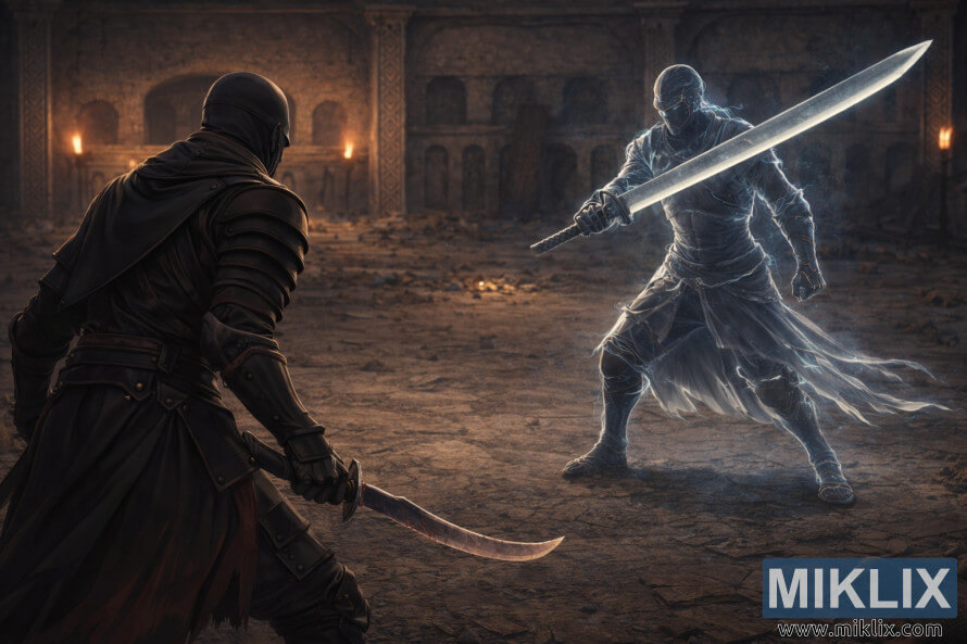 Realistic fantasy illustration of the Tarnished in Black Knife armor seen from behind, facing a ghostly blue knight with a massive great katana inside a dark stone mausoleum. Realistic fantasy illustration of the Tarnished in Black Knife armor seen from behind, facing a ghostly blue knight with a massive great katana inside a dark stone mausoleum.