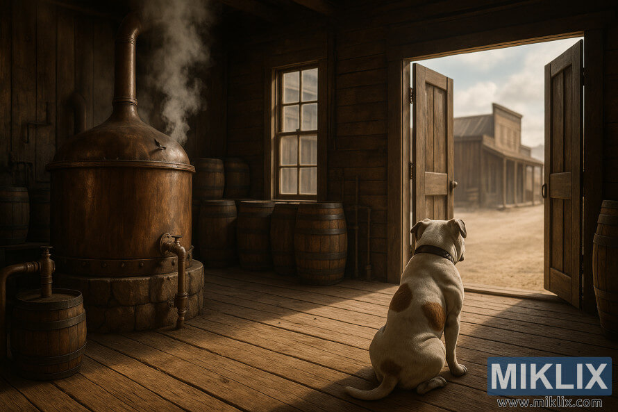 Egy amerikai bulldog egy régi vadnyugati sörfÅzdében ül, és nyitott ajtókon keresztül figyeli, ahogy a réz sörfÅzÅkádból gÅz száll fel. Egy amerikai bulldog egy régi vadnyugati sörfÅzdében ül, és nyitott ajtókon keresztül figyeli, ahogy a réz sörfÅzÅkádból gÅz száll fel.
