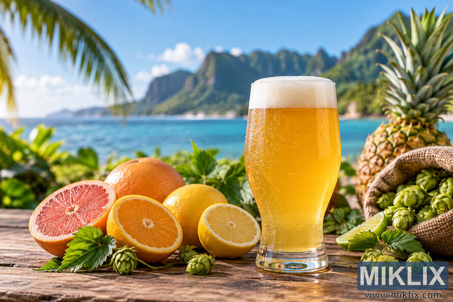 Golden beer with a foamy head surrounded by citrus fruit, green hops and pineapple on a wooden table overlooking turquoise water and tropical mountains.