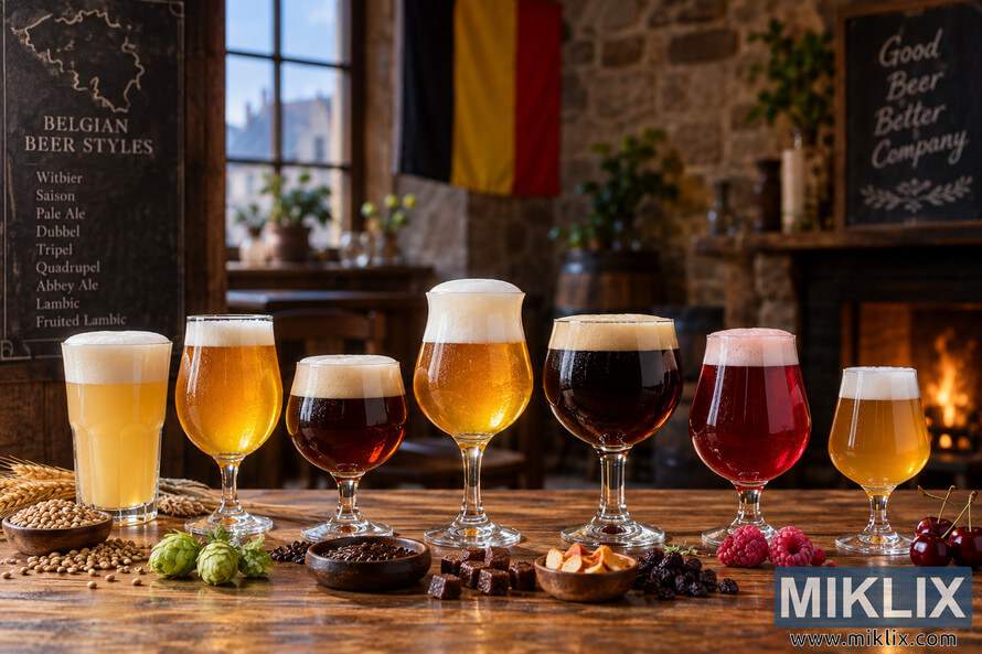Seven Belgian-style beers ranging from cloudy pale gold to dark brown and ruby red on a rustic tavern bar with grains, hops, fruit and a glowing fireplace. Seven Belgian-style beers ranging from cloudy pale gold to dark brown and ruby red on a rustic tavern bar with grains, hops, fruit and a glowing fireplace.