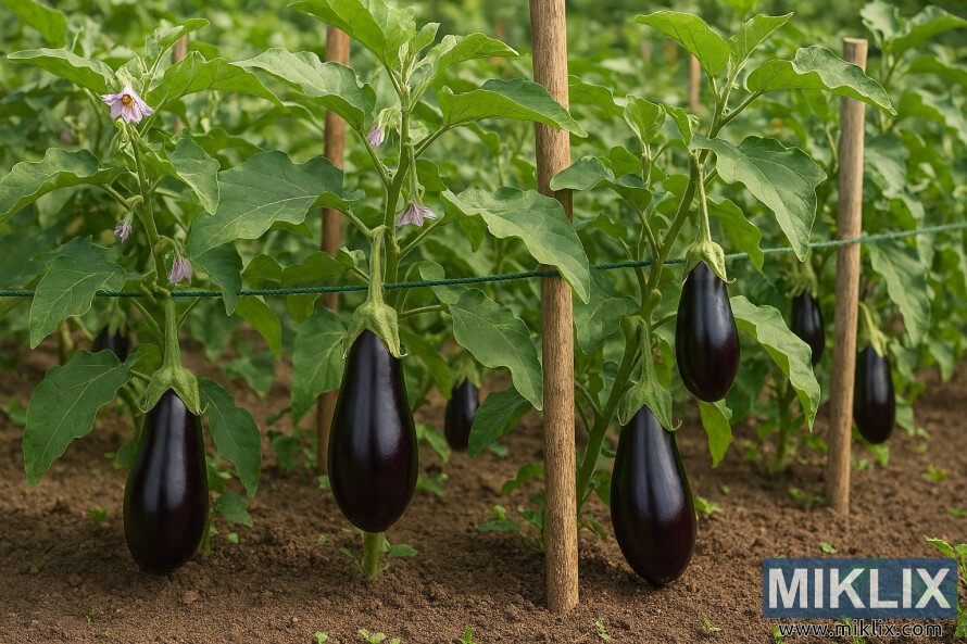Shuke-shuken eggplant masu lafiya tare da 'ya'yan itatuwa masu nunannu da ke girma a cikin lambu wanda aka tallafa masa da igiya