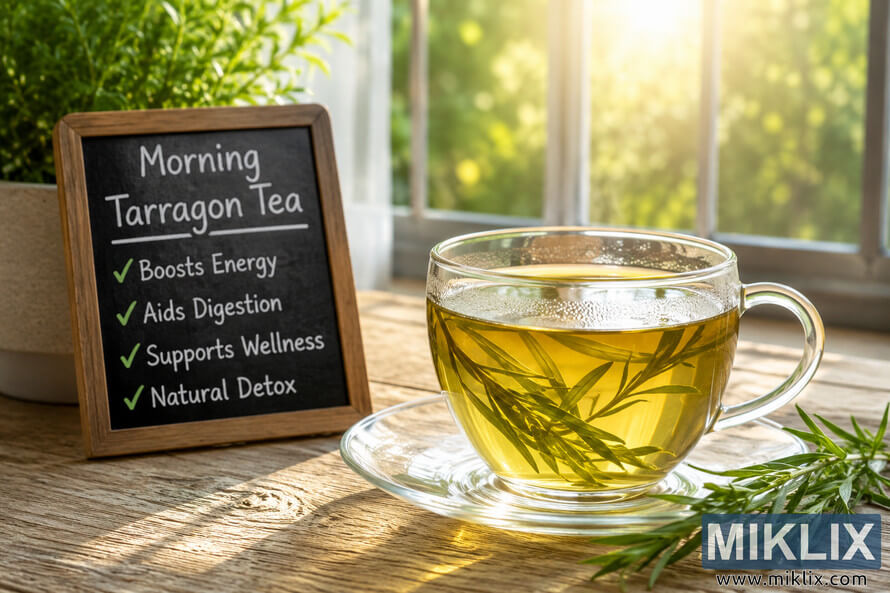 A warm morning scene featuring a clear glass cup of freshly brewed tarragon tea on a rustic wooden table beside a small chalkboard listing health benefits such as boosting energy and supporting wellness. Sunlight streams through a nearby window, illuminating fresh green tarragon sprigs and creating a calm, refreshing atmosphere.