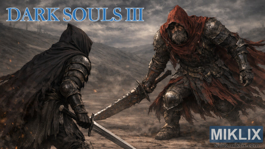 Fan art of Dark Souls III showing the Ashen One in Shadow Armor at left facing Slave Knight Gael at right in an ash-covered wasteland, with “DARK SOULS III” text at top and a “MIKLIX” watermark in the corner. Fan art of Dark Souls III showing the Ashen One in Shadow Armor at left facing Slave Knight Gael at right in an ash-covered wasteland, with “DARK SOULS III” text at top and a “MIKLIX” watermark in the corner.
