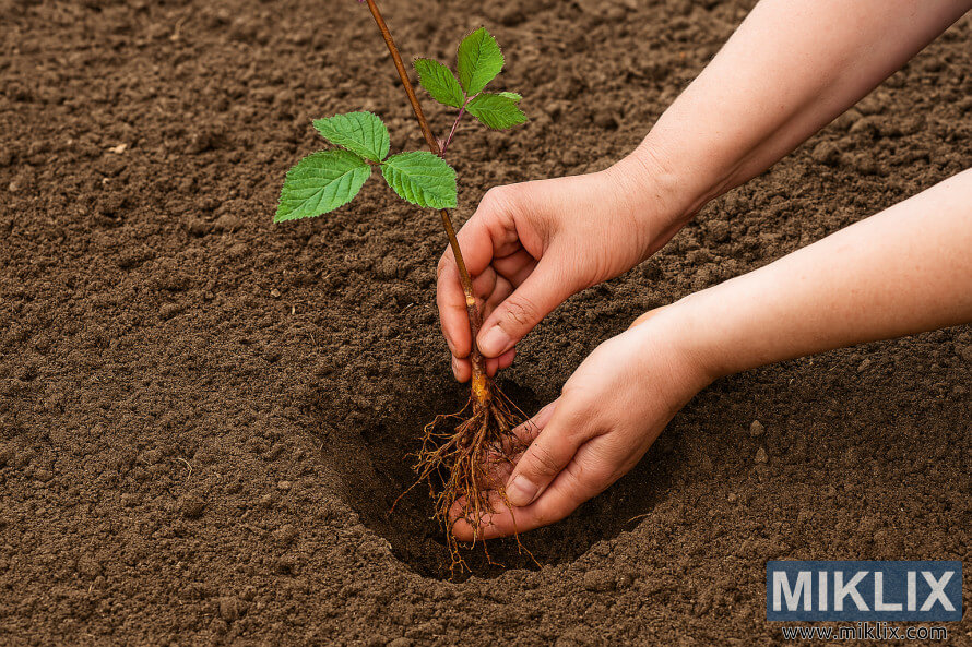 Des mains plantent un plant de mÃ»rier Ã  racines nues dans de la terre de jardin fraÃ®chement prÃ©parÃ©e.
