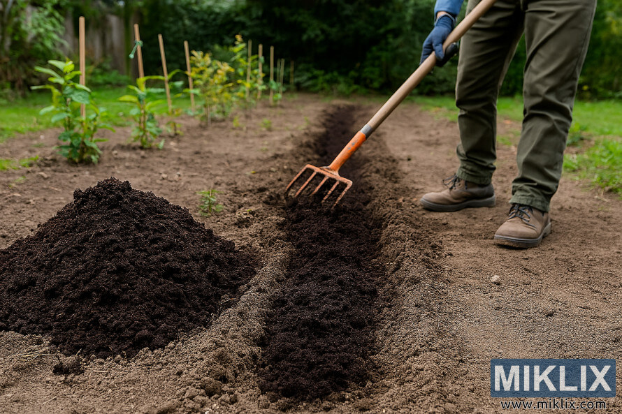 Un jardinier mÃ©lange du compost Ã  la terre de son jardin pour planter des mÃ»riers.