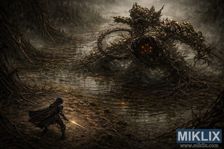 Isometric dark fantasy scene of a small Tarnished warrior with a glowing sword confronting an enormous Scadutree Avatar towering over a flooded, root-filled battlefield.