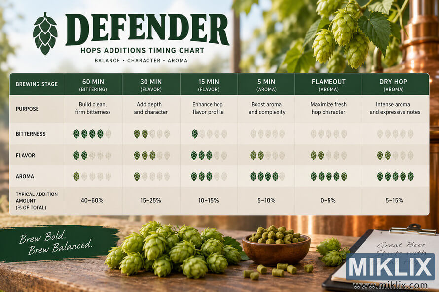 Landscape brewing infographic showing hop-addition timing from 60-minute bittering through 30-, 15-, and 5-minute additions to flameout and dry hopping, with hop icons comparing bitterness, flavor, and aroma, set above fresh hops and hop pellets on a rustic brewhouse table. Landscape brewing infographic showing hop-addition timing from 60-minute bittering through 30-, 15-, and 5-minute additions to flameout and dry hopping, with hop icons comparing bitterness, flavor, and aroma, set above fresh hops and hop pellets on a rustic brewhouse table.