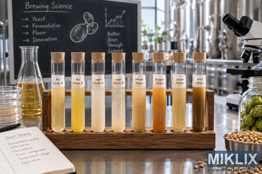 Landscape photograph of eight test tubes containing different brewing yeast cultures in a wooden rack on a laboratory bench, with handwritten generic strain labels, a microscope, brewing science chalkboard, laboratory glassware, hops, malted grain, and stainless-steel fermentation tanks in the background. Landscape photograph of eight test tubes containing different brewing yeast cultures in a wooden rack on a laboratory bench, with handwritten generic strain labels, a microscope, brewing science chalkboard, laboratory glassware, hops, malted grain, and stainless-steel fermentation tanks in the background.