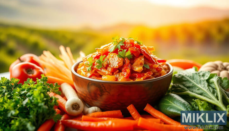 Kauss erksavÃ¤rvilist kimchit, mida Ã¼mbritsevad vÃ¤rsked Korea kÃ¶Ã¶giviljad.