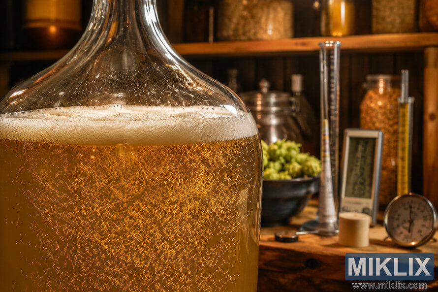 Close-up of a glass carboy fermenting pale golden Belgian Witbier with swirling yeast particles and a frothy foam head, surrounded by softly blurred homebrewing tools under warm ambient lighting.