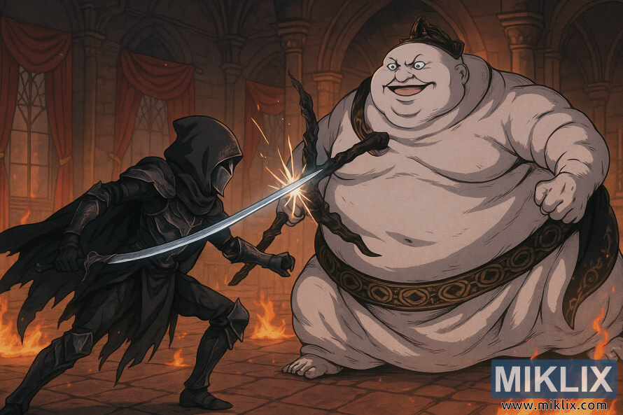 Scena borbe u anime stilu u kojoj oklopljeni ratnik Crnog NoÅ¾a sukobljava maÄeve s PlemiÄem BoÅ¾anske KoÅ¾e unutar Volcano Manora.