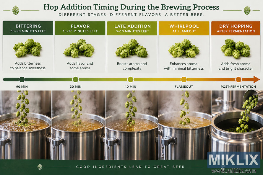Landscape brewing infographic showing five hop addition stages from left to right: bittering at 60â90 minutes remaining, flavor at 15â30 minutes, late addition at 5â10 minutes, whirlpool at flameout, and dry hopping after fermentation. Green hops are shown being added to stainless-steel brewing vessels along a green-to-orange chronological timeline. Landscape brewing infographic showing five hop addition stages from left to right: bittering at 60â90 minutes remaining, flavor at 15â30 minutes, late addition at 5â10 minutes, whirlpool at flameout, and dry hopping after fermentation. Green hops are shown being added to stainless-steel brewing vessels along a green-to-orange chronological timeline.