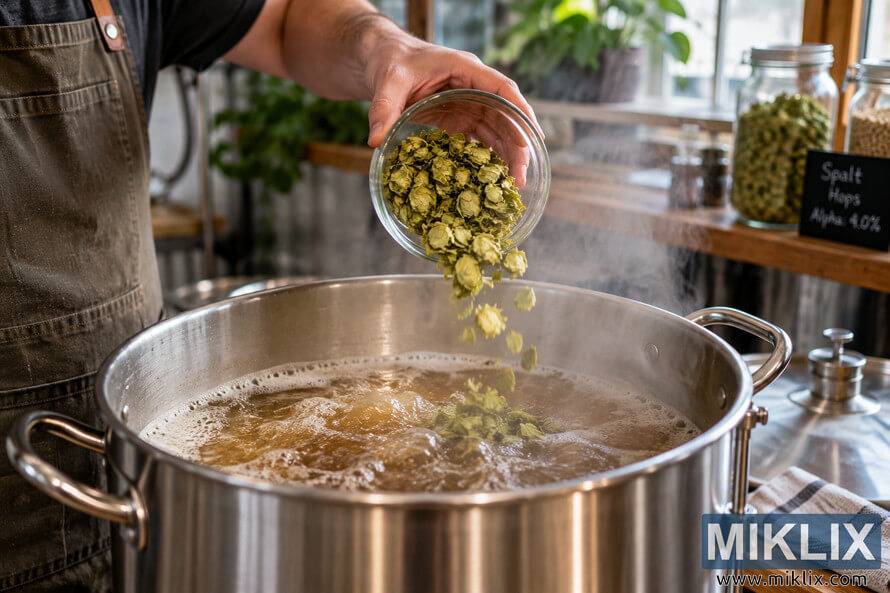Homebrewer pouring green Spalt hop cones from a glass bowl into vigorously boiling amber wort in a large stainless steel brewing kettle, with steam rising in a warm homebrewing workspace. Homebrewer pouring green Spalt hop cones from a glass bowl into vigorously boiling amber wort in a large stainless steel brewing kettle, with steam rising in a warm homebrewing workspace.