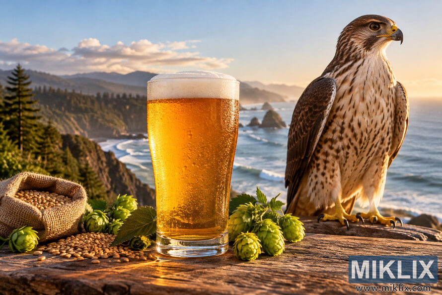 Golden West Coast IPA in a condensation-covered pint glass beside fresh green hops, malted grain and a falcon, overlooking a rugged Pacific coastline at sunset. Golden West Coast IPA in a condensation-covered pint glass beside fresh green hops, malted grain and a falcon, overlooking a rugged Pacific coastline at sunset.