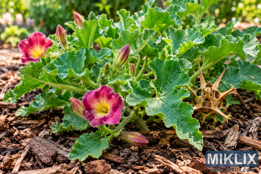Close-up of a healthy green garden plant with pink-and-yellow flowers, unopened buds and a dry horned seed pod growing in brown wood-chip mulch. Close-up of a healthy green garden plant with pink-and-yellow flowers, unopened buds and a dry horned seed pod growing in brown wood-chip mulch.