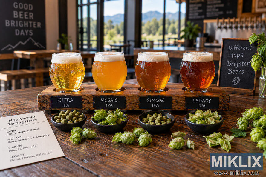 Landscape photo of a rustic brewery tasting table with four unbranded IPA glasses labeled Citra, Mosaic, Simcoe, and Legacy, arranged in a wooden beer flight with hop pellets, fresh hop cones, tasting notes, and a chalkboard, with brewery taps and mountain views softly blurred in the background. Landscape photo of a rustic brewery tasting table with four unbranded IPA glasses labeled Citra, Mosaic, Simcoe, and Legacy, arranged in a wooden beer flight with hop pellets, fresh hop cones, tasting notes, and a chalkboard, with brewery taps and mountain views softly blurred in the background.