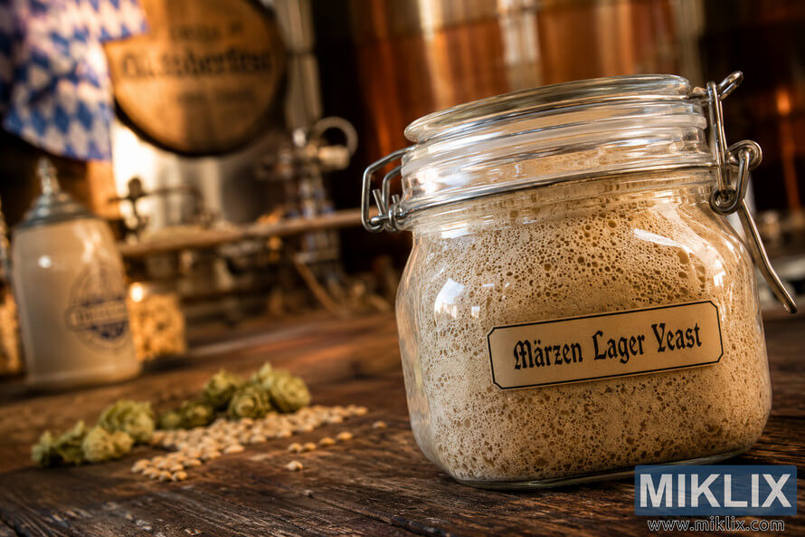 Close-up of a jar filled with active Märzen lager yeast on a rustic wooden table inside a warm brewery setting with blurred brewing equipment in the background. Close-up of a jar filled with active Märzen lager yeast on a rustic wooden table inside a warm brewery setting with blurred brewing equipment in the background.