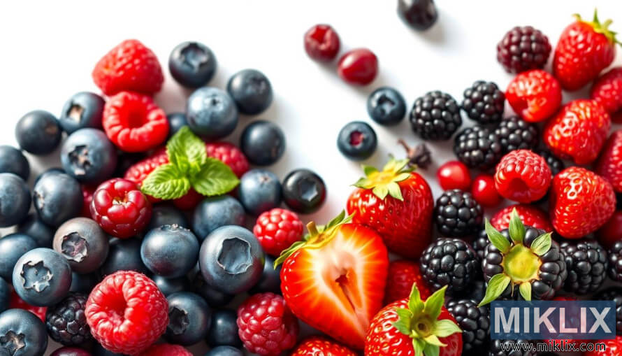 Lajitelma tuoreita marjoja, kuten mustikoita, vadelmia, karhunvatukoita, mansikoita, karpaloita ja aroniaa.