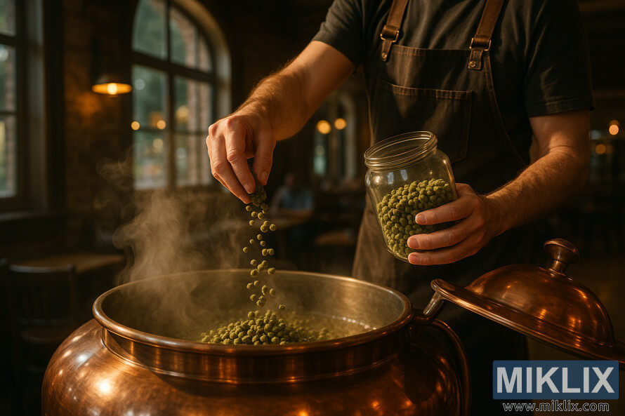 Um cervejeiro despeja lÃºpulo verde Phoenix em uma caldeira de cobre fumegante, com a luz dourada filtrando-se atravÃ©s de janelas em arco e um bar de degustaÃ§Ã£o ao fundo.