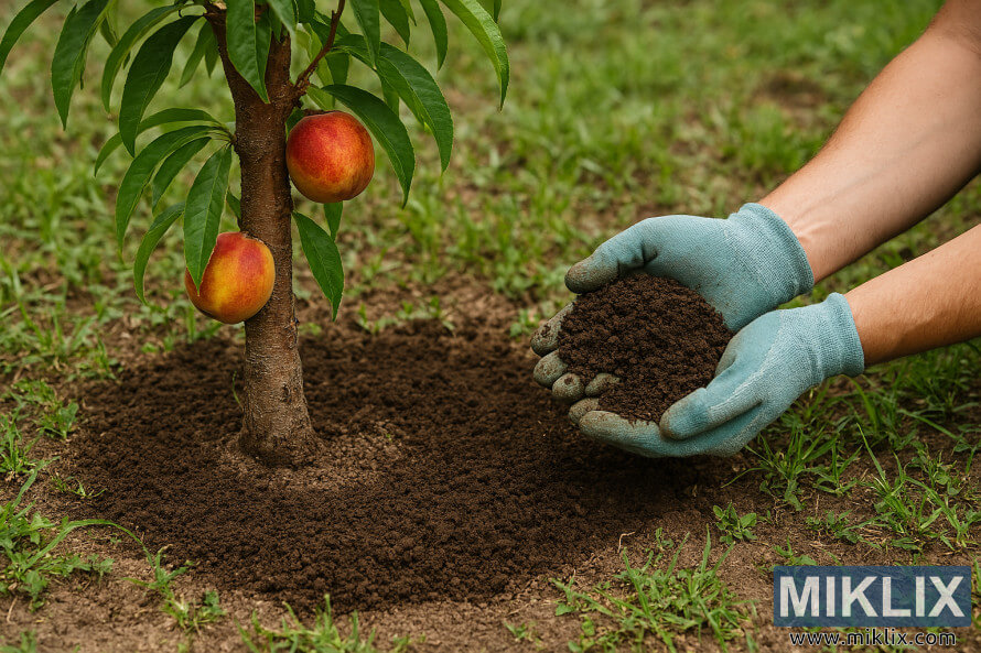 Gardener wearing gloves applies organic fertilizer around the base of a young nectarine tree.