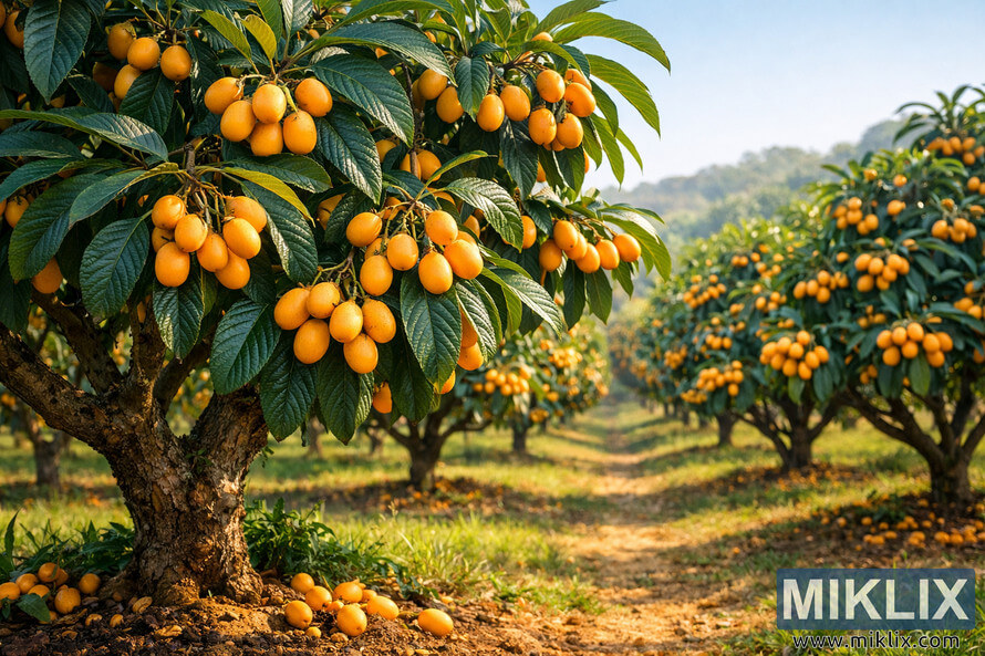 Landscape photo of a sunlit loquat tree in the foreground of a tranquil orchard, with clusters of ripe golden-orange fruit hanging from dark green, elongated leaves. A narrow dirt path winds between rows of similar loquat trees, leading toward softly hazy rolling hills and a pale blue morning sky in the background. Landscape photo of a sunlit loquat tree in the foreground of a tranquil orchard, with clusters of ripe golden-orange fruit hanging from dark green, elongated leaves. A narrow dirt path winds between rows of similar loquat trees, leading toward softly hazy rolling hills and a pale blue morning sky in the background.