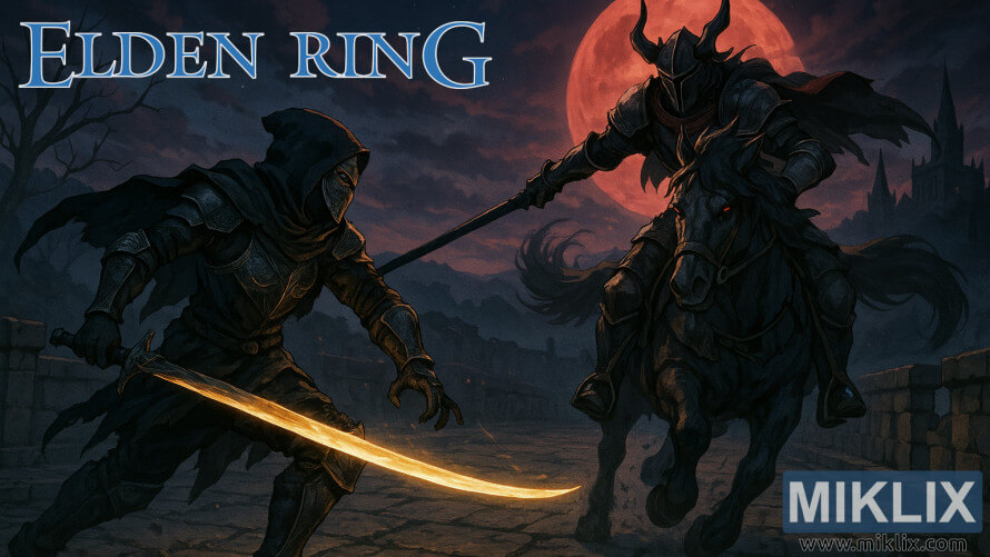 Elden Ring မှ Dragonbarrow ရှိ လရောင်တံတားတစ်ခုပေါ်တွင် Night's Cavalry ကိုတိုက်ခိုက်နေသည့် Black Knife assassin ၏ ပရိတ်သတ်အနုပညာ။