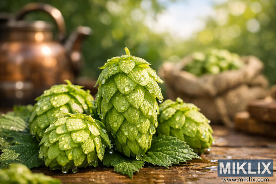Close-up of vibrant green Hüller Bitterer hop cones with dew droplets on a rustic wooden brewing table, copper kettle and burlap sacks softly blurred in the background. Close-up of vibrant green Hüller Bitterer hop cones with dew droplets on a rustic wooden brewing table, copper kettle and burlap sacks softly blurred in the background.