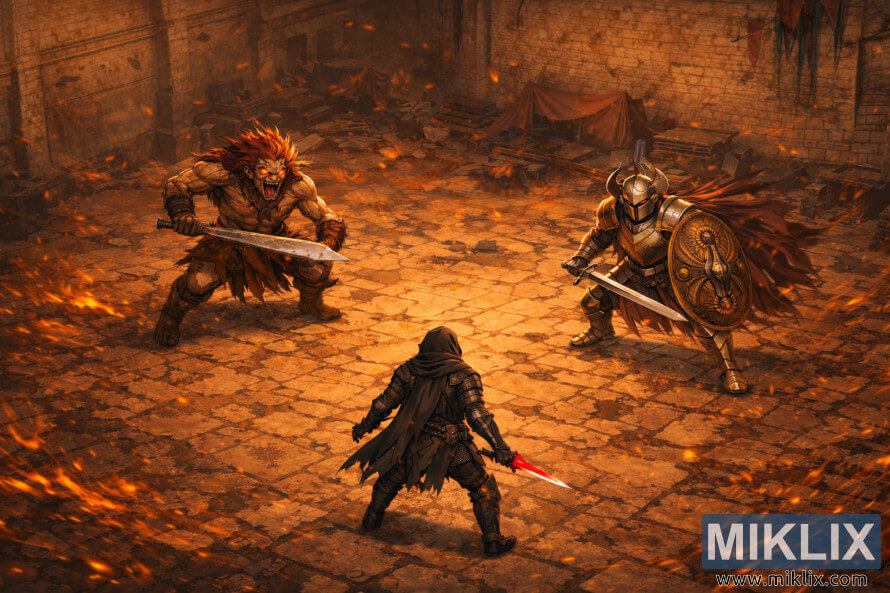 Isometric anime-style scene of the Tarnished in Black Knife armor facing a slightly taller Misbegotten Warrior and Crucible Knight with sword and shield in Redmane Castleâs courtyard.