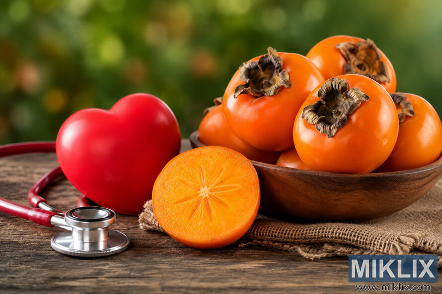 High-resolution landscape image of fresh orange persimmons in a rustic wooden bowl beside a red heart model and a stethoscope on a wooden table, symbolizing cardiovascular wellness, healthy nutrition, and natural heart care.