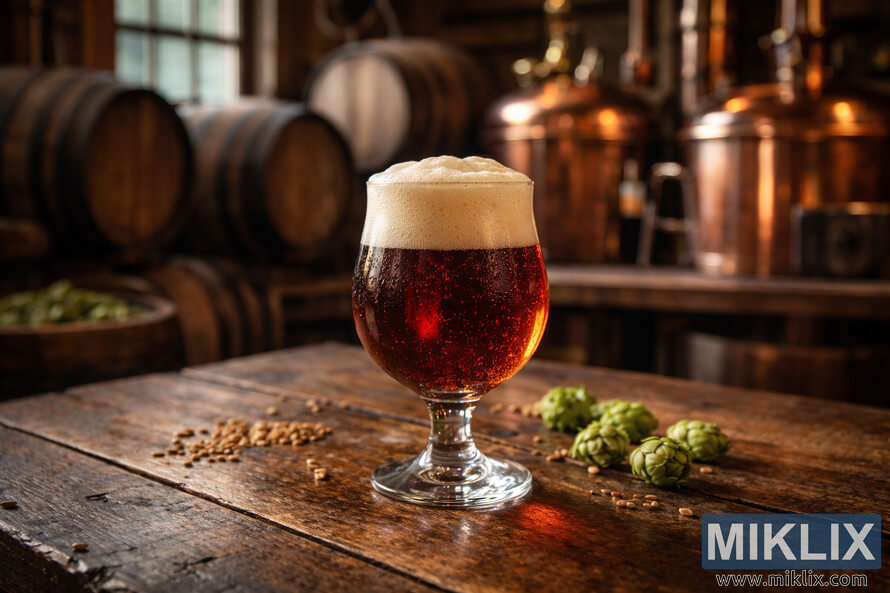 Belgian-style tulip glass filled with deep amber ale on a rustic wooden table inside a warmly lit brewery with barrels and copper equipment in the background. Belgian-style tulip glass filled with deep amber ale on a rustic wooden table inside a warmly lit brewery with barrels and copper equipment in the background.