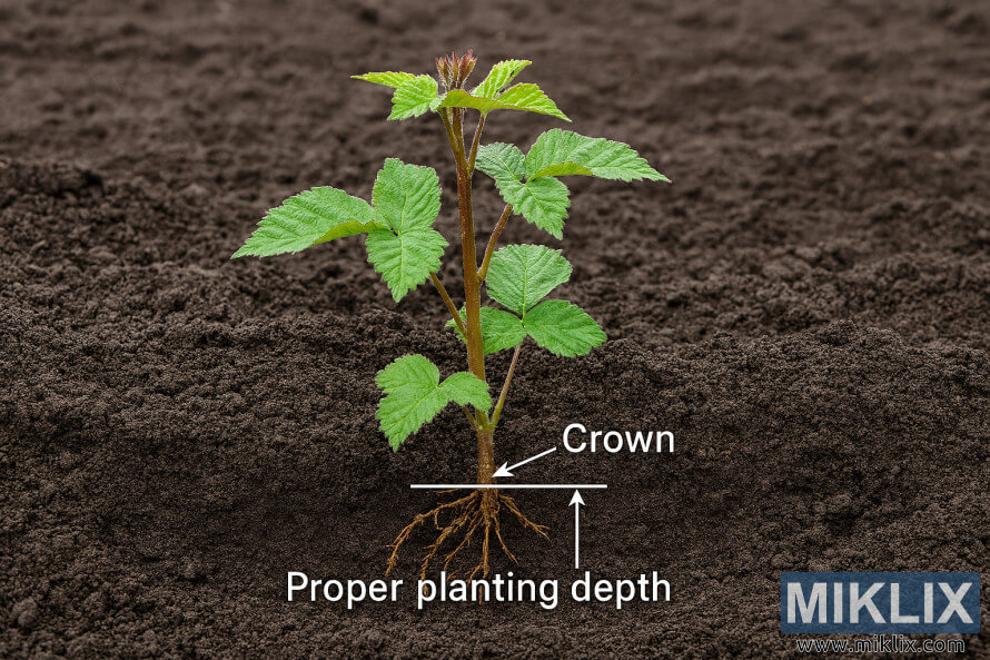 MÃ»rier plantÃ© Ã  la profondeur de plantation correcte, le collet Ã©tant au-dessus du niveau du sol.