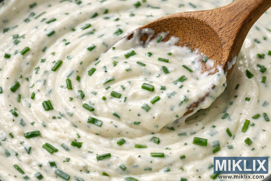 Close-up of a creamy white sauce being stirred with a wooden spoon, speckled with finely chopped fresh chives. Close-up of a creamy white sauce being stirred with a wooden spoon, speckled with finely chopped fresh chives.